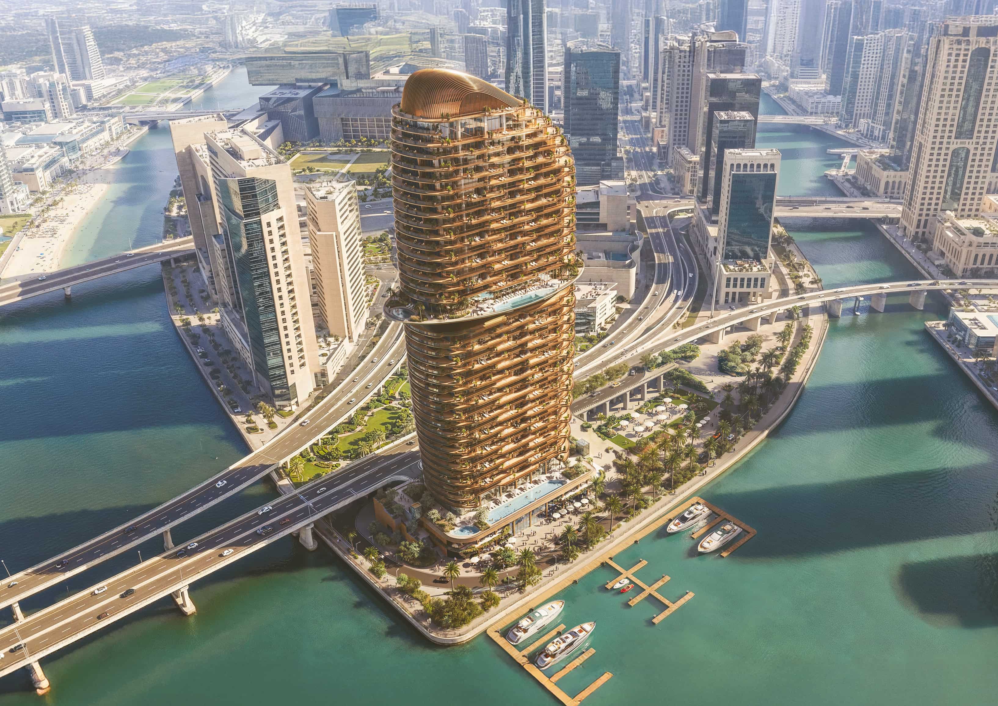 Contemporary façade of Jumeirah Residences Al Maryah Island with skyline and sea views.