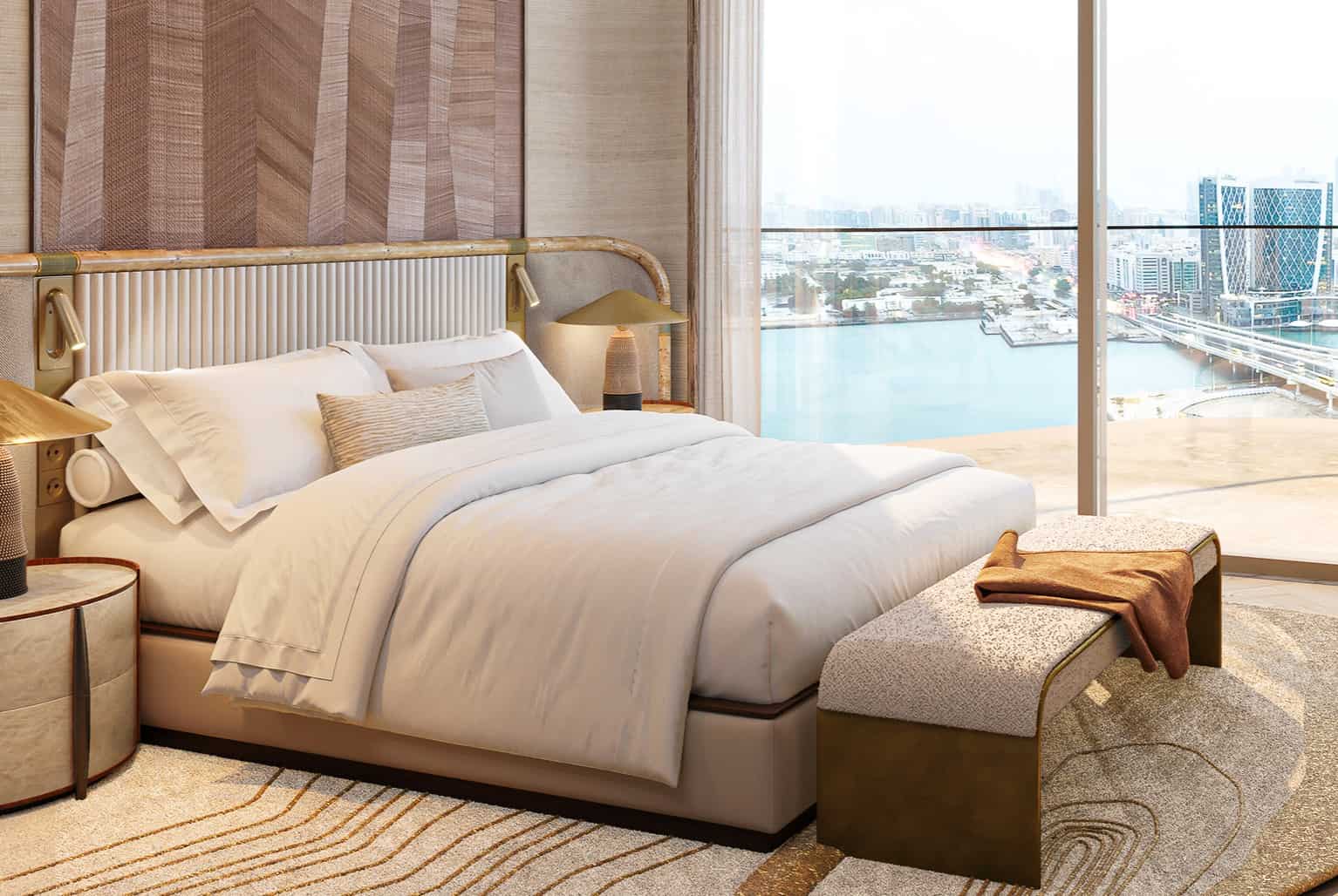 Spacious living room interior at Jumeirah Residences Al Maryah Island with panoramic sea views