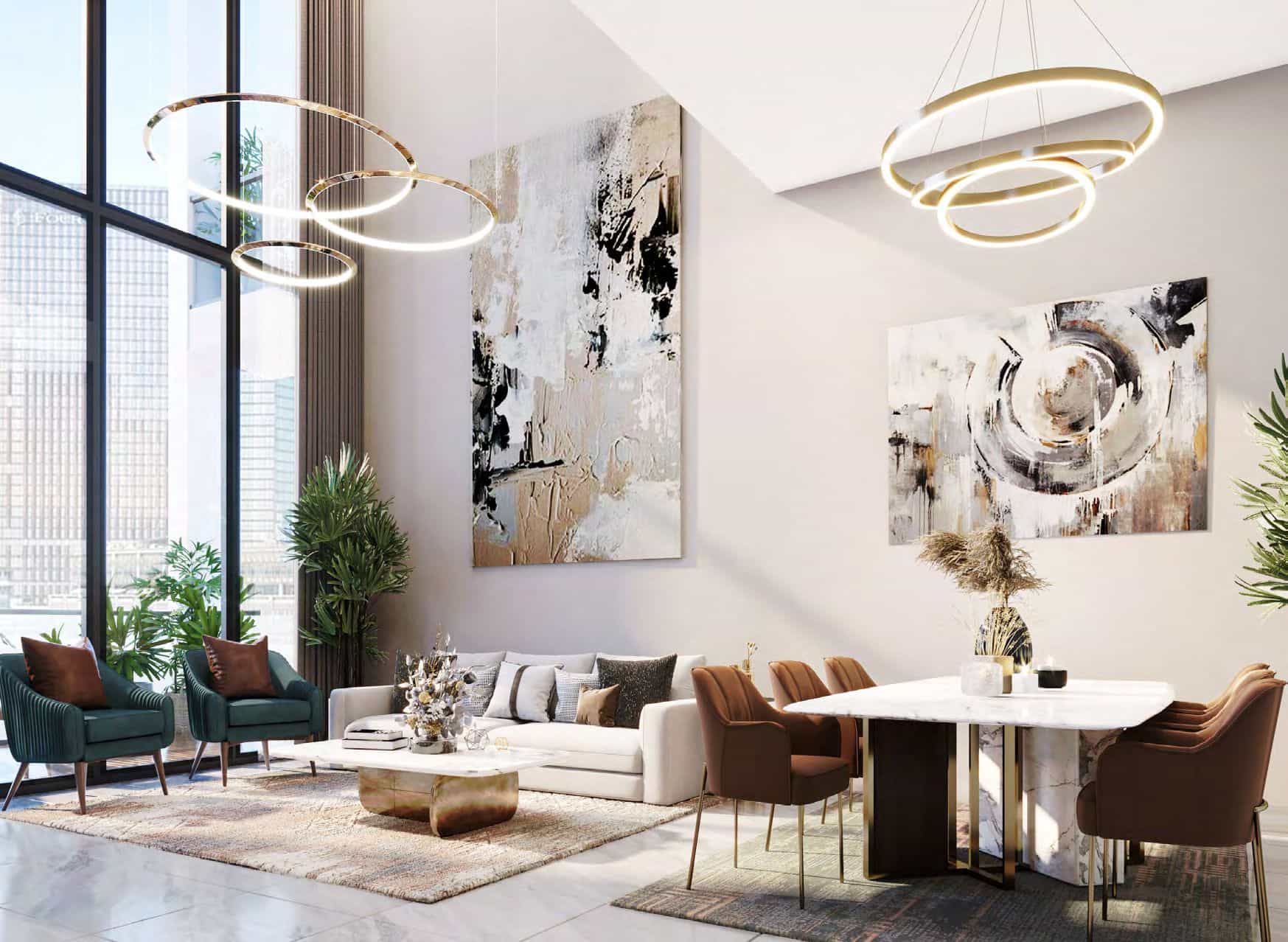 Al Maryah Vista 2 living room featuring luxury interior design, modern finishes, and scenic canal views in Abu Dhabi.